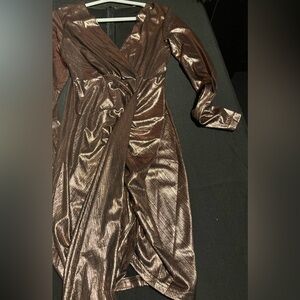 Elegant Metallic Brown Wrap Dress